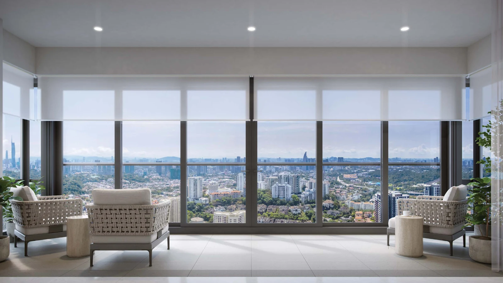 Living room with floor-to-ceiling windows looking out over Kuala Lumpur, artist's impression